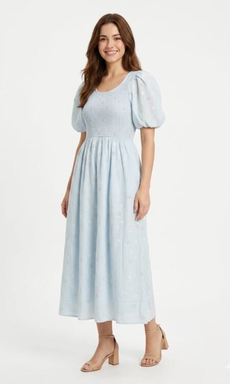 Sky Blue Eyelet Cotton Midi Dress