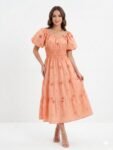 Peach Embroidered Eyelet Cotton Tiered Midi Dress