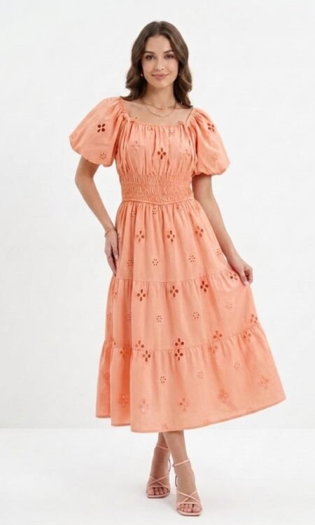 Peach Embroidered Eyelet Cotton Tiered Midi Dress