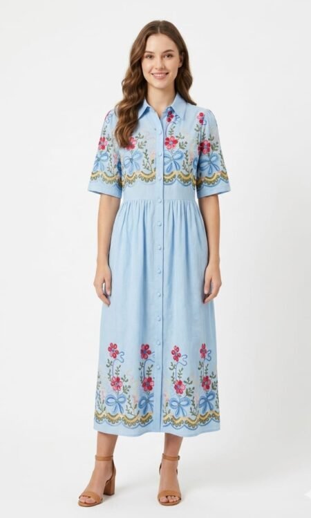 Sky Blue Embroidered Cotton Midi Shirt Dress