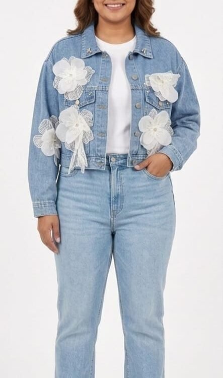 Light-Wash Denim Jacket with 3D Organza Floral Appliqués