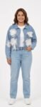 Light-Wash Denim Jacket with 3D Organza Floral Appliqués