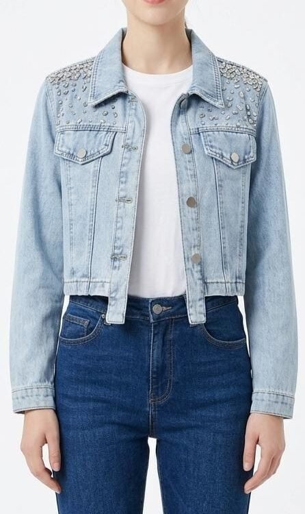 Light-Wash Cropped Denim Jacket with Rhinestone Shoulder Embellishments