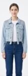 Light-Wash Cropped Denim Jacket with Rhinestone Shoulder Embellishments
