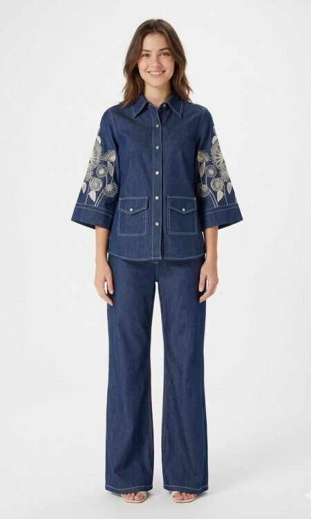 Indigo Denim Embroidered Two-Piece Co-Ord Set
