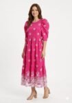 Hot Pink Cotton Tiered Midi Dress with Cut-Work Eyelet Border