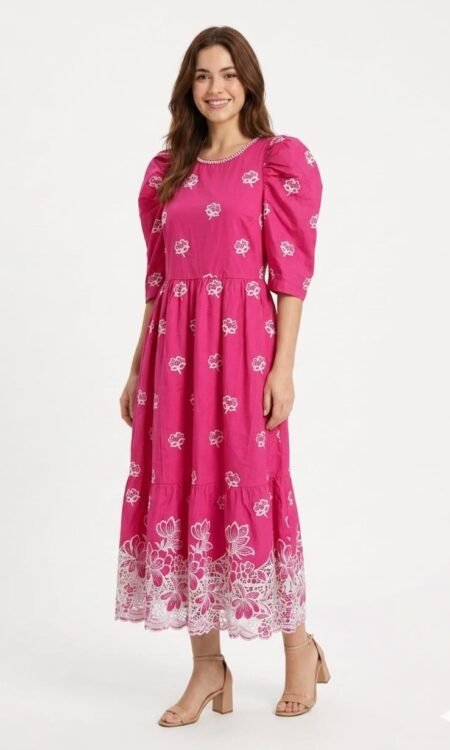 Hot Pink Cotton Tiered Midi Dress with Cut-Work Eyelet Border