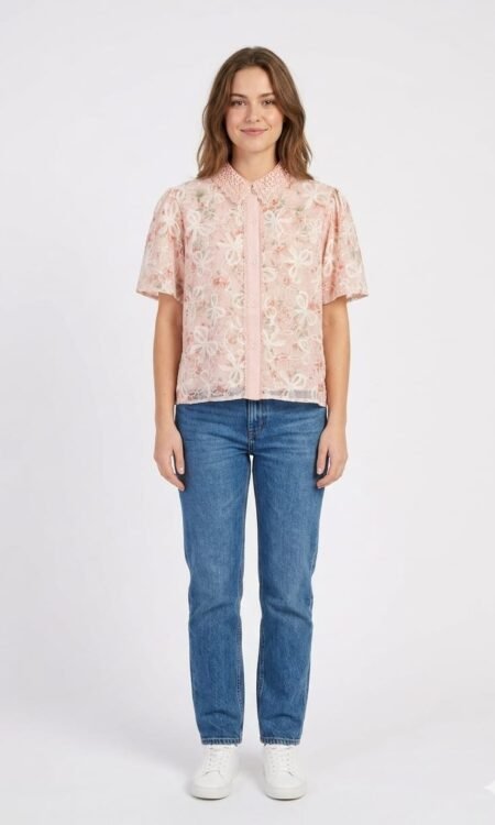 Pastel Pink Embroidered Organza Utility Shirt
