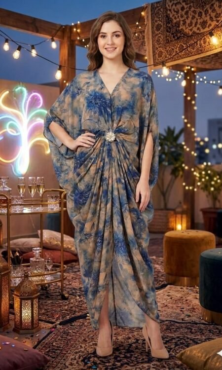 Abstract Floral Georgette Kaftan Dress with Crystal Brooch Accent