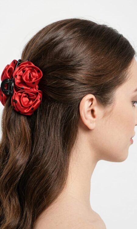 Satin Red Polka-Dot Rose Fabric Hair Clutcher