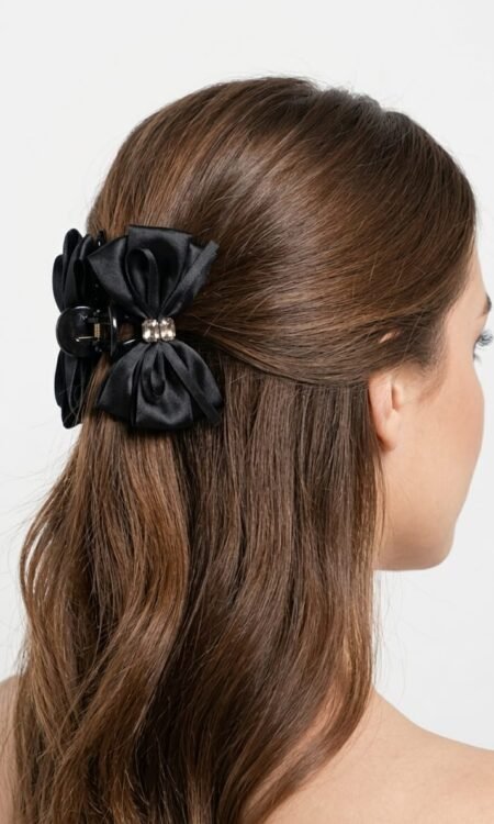 Satin Black Bow Fabric Hair Clutcher with Crystal Centerpiece
