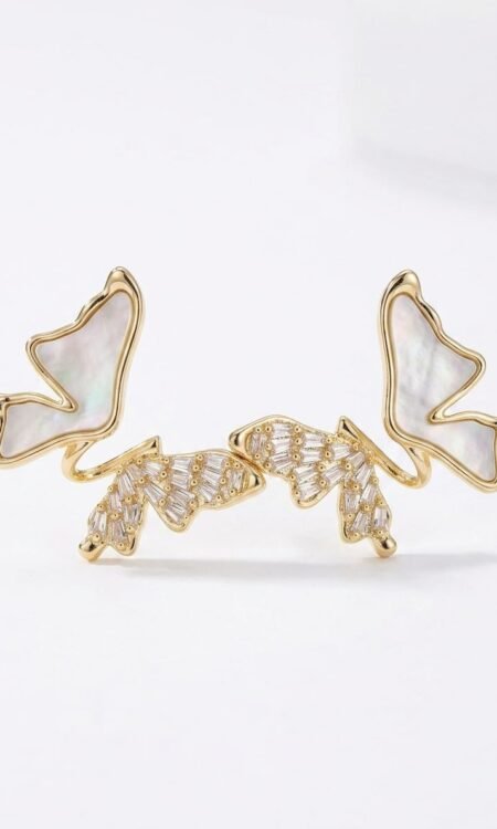 Anti-Tarnish Mother-of-Pearl & Baguette Crystal Twin Butterfly Ear Climbers