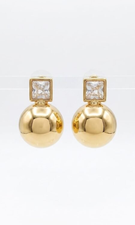 Anti-Tarnish Gold Geometric Cushion-Cut Crystal & Orb Drop Earrings
