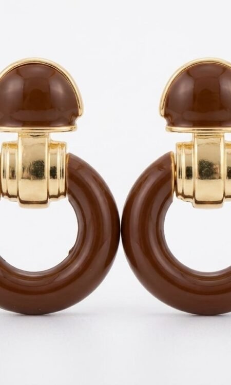 Anti-Tarnish Gold & Chestnut Brown Enamel Door-Knocker Statement Earrings