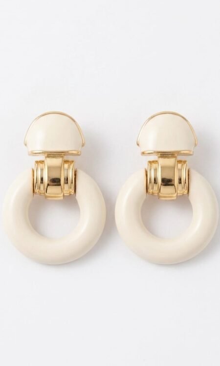 Anti-Tarnish Gold & Ivory Enamel Door-Knocker Statement Earrings