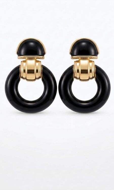 Anti-Tarnish Gold & Jet-Black Enamel Door-Knocker Statement Earrings