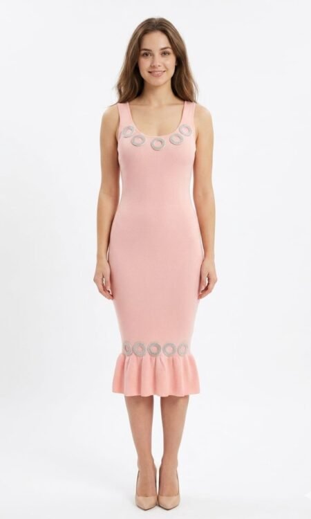 Pastel Rose-Pink Embellished Knit Bodycon Dress