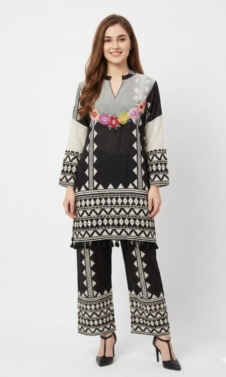 Geometric Printed Cord-Set with 3D Floral Applique