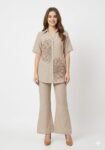 Beige Linen-Blend Sunflower Embroidered Co-Ord Set
