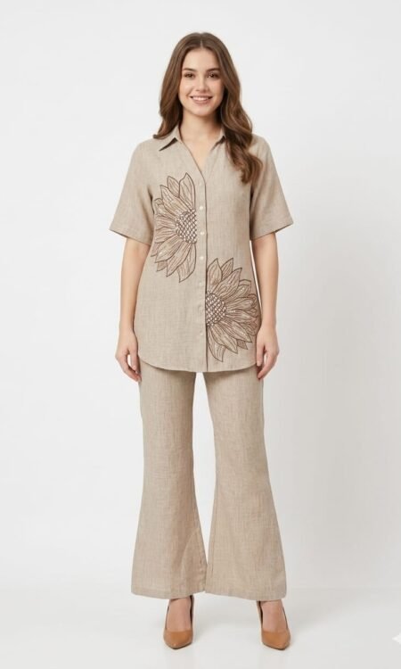 Beige Linen-Blend Sunflower Embroidered Co-Ord Set