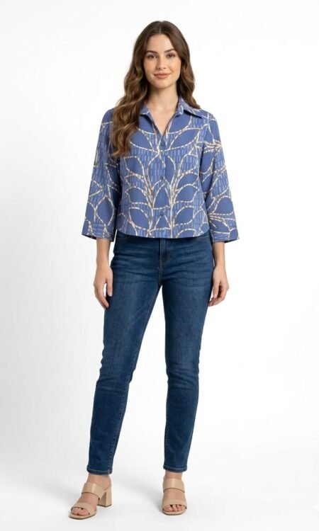 Cornflower Blue Architectural Leaf-Print Boxy Crop Shirt