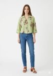 Pistachio Floral Slub-Textured Boxy Crop Shirt
