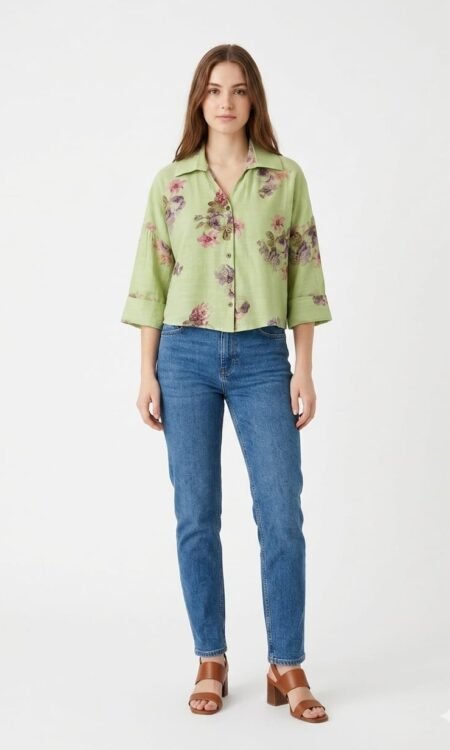 Pistachio Floral Slub-Textured Boxy Crop Shirt