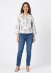 Artistic Skeletal Leaf-Print Boxy Crop Shirt