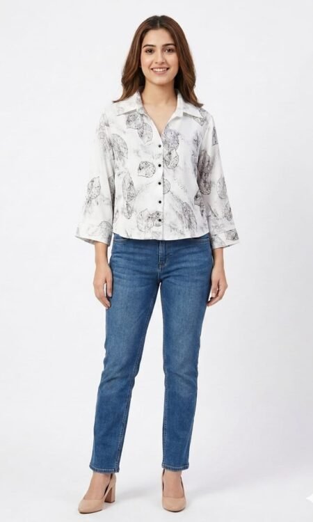 Artistic Skeletal Leaf-Print Boxy Crop Shirt