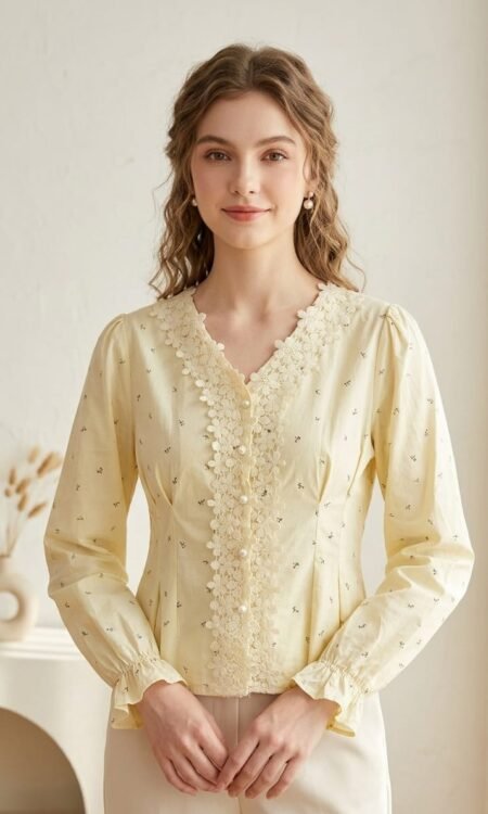 Buttercream Yellow Floral-Lace Trimmed Cotton Blouse