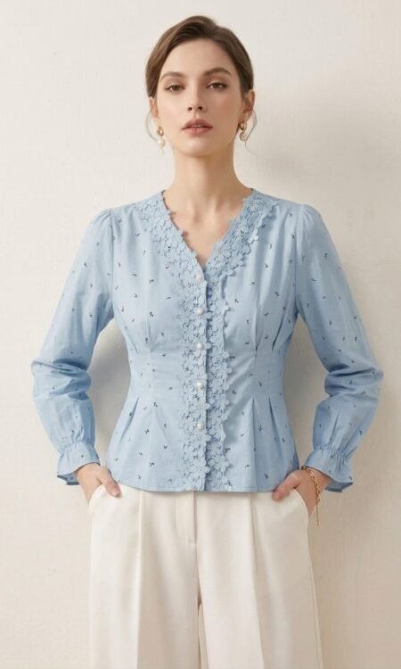 Blue Floral-Lace Trimmed Cotton Blouse
