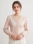 Blush Pink Floral-Lace Trimmed Cotton Blouse
