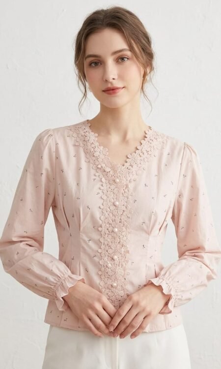 Blush Pink Floral-Lace Trimmed Cotton Blouse