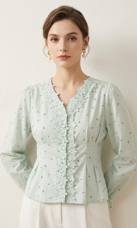 Mint Green Floral-Lace Trimmed Cotton Blouse