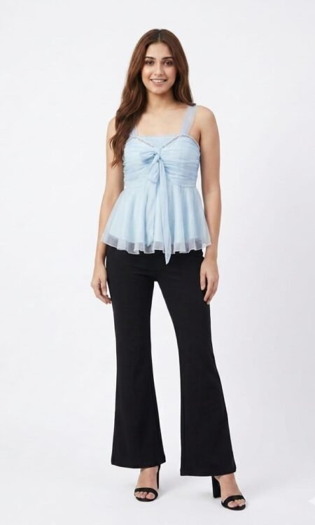 Blue Organza Ruched Corset-Style Peplum Top