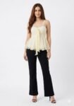 Buttercream Yellow Organza Ruched Corset-Style Peplum Top