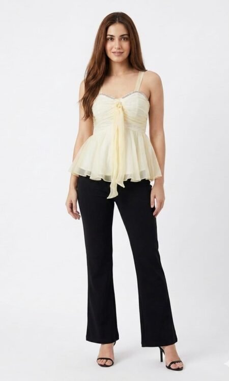 Buttercream Yellow Organza Ruched Corset-Style Peplum Top