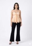 Peach Organza Ruched Corset-Style Peplum Top