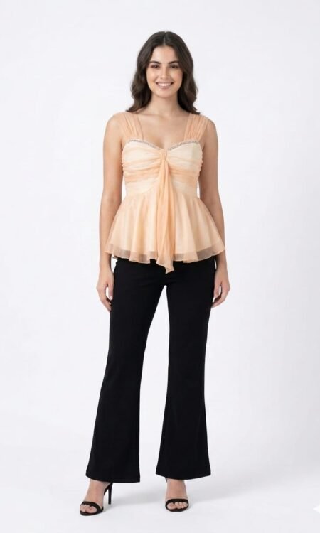 Peach Organza Ruched Corset-Style Peplum Top