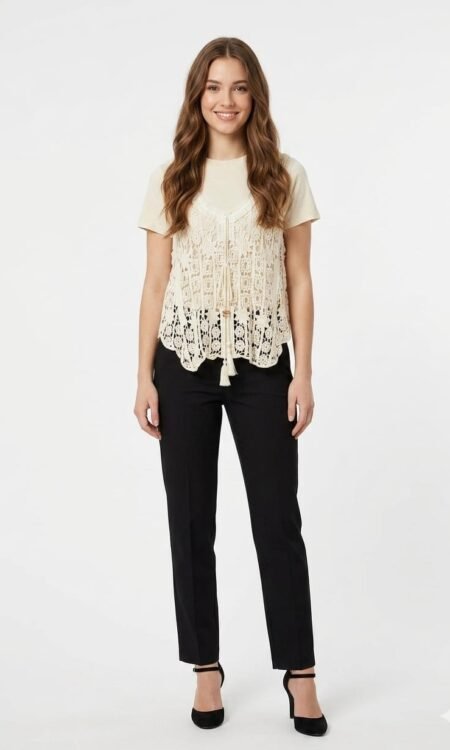 Ivory Artisanal Crosia (Crochet) Lace Shrug Vest & Inner Tee Set