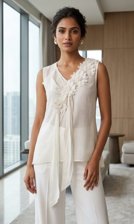 Ivory White 3D Floral Appliqué Sleeveless Top