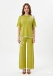 Lime Olive Soutache Embroidered Knit Tunic & Wide-Leg Trouser Set