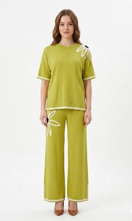 Lime Olive Soutache Embroidered Knit Tunic & Wide-Leg Trouser Set