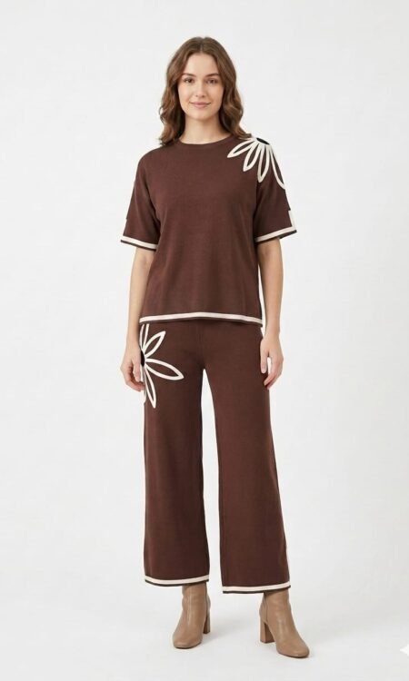 Brown Soutache Embroidered Knit Tunic & Wide-Leg Trouser Set