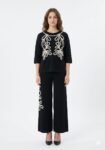 Onyx Black Soutache Embroidered Knit Tunic & Wide-Leg Trouser Set