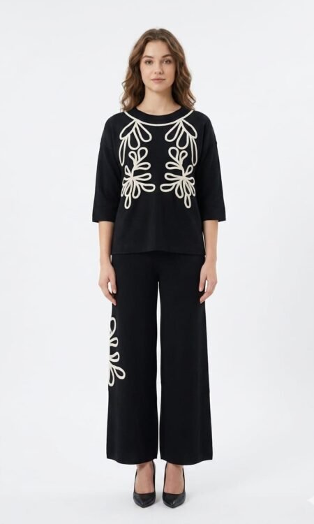 Onyx Black Soutache Embroidered Knit Tunic & Wide-Leg Trouser Set