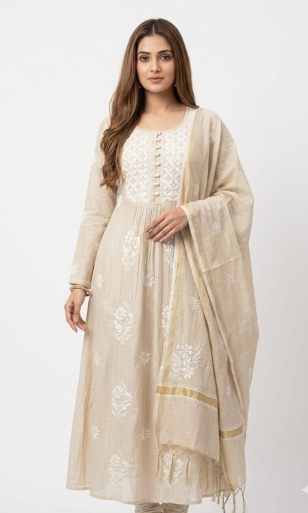 Beige & Ivory Chikankari Gathered Anarkali Suit Set