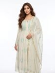 Off-White & Seafoam Chikankari Front-Slit Anarkali Suit Set