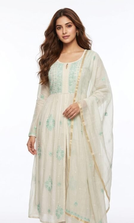 Off-White & Seafoam Chikankari Front-Slit Anarkali Suit Set