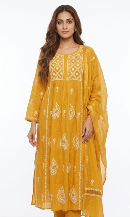 Mustard Yellow Chikankari Gathered Anarkali Suit Set